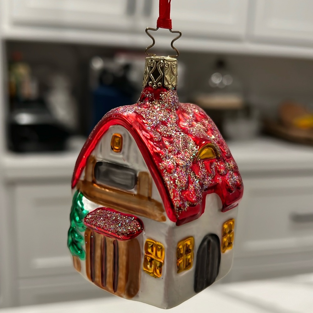 INGE GLAS WINTER CHALET FOREST CABIN BLOWN GLASS CHRISTMAS TREE ORNAMENT